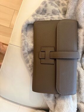 Taupe Leather Clutch Wallet with H-Stitch Detail